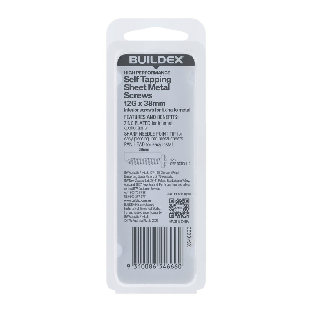 Buildex 12G x 38mm Zinc Plated Self Tapping Sheet Metal Screws - 12 Pack - Image 3 of 3