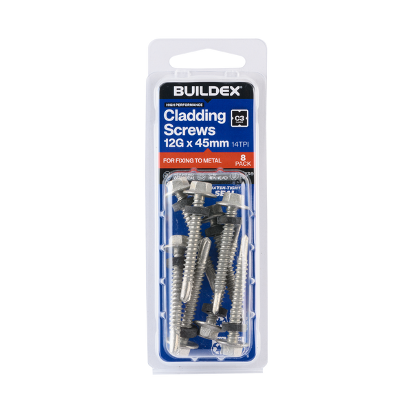 Buildex 12G x 45mm Class 3 Cladding Screws with Seal - 8 Pack