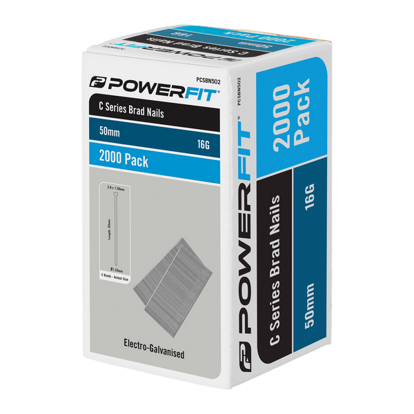 PowerFit 50mm C Series Electro-Galvanised Brad Nails - 2000 Pack