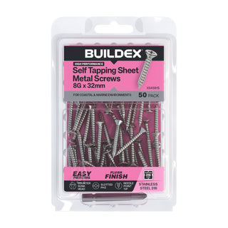 Buildex 8G x 32mm SS316 Self Tapping Sheet Metal Screws - 50 Pack