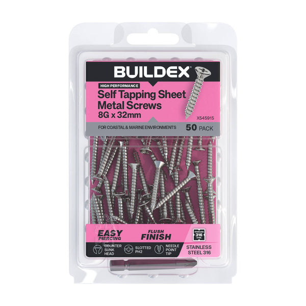 Buildex 8G x 32mm SS316 Self Tapping Sheet Metal Screws - 50 Pack