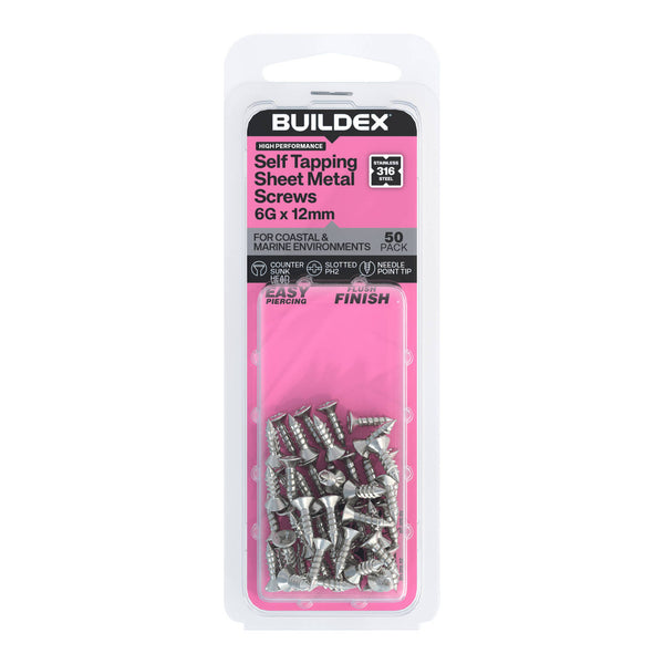 Buildex 6G x 12mm SS316 Self Tapping Sheet Metal Screws - 50 Pack