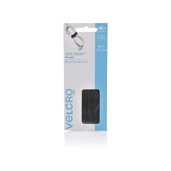 VELCRO Brand ONE-WRAP 13mm x 200mm Black Ties - 5 Pack