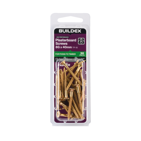 Buildex 8G x 40mm Gold Passivated Plasterboard Screws - 30 Pack