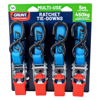 GRUNT 25mm x 5m 450Kg Ratchet Tie Down - 4 Pack