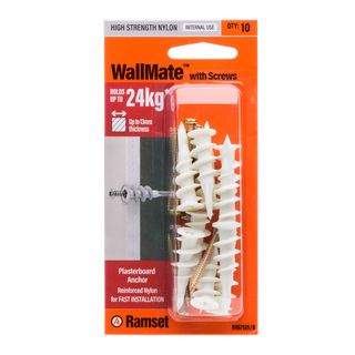 Ramset Nylon WallMate Plasterboard Anchor with Screws – 10 Pack
