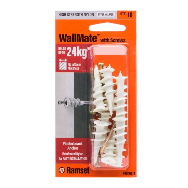 Ramset Nylon WallMate Plasterboard Anchor with Screws – 10 Pack