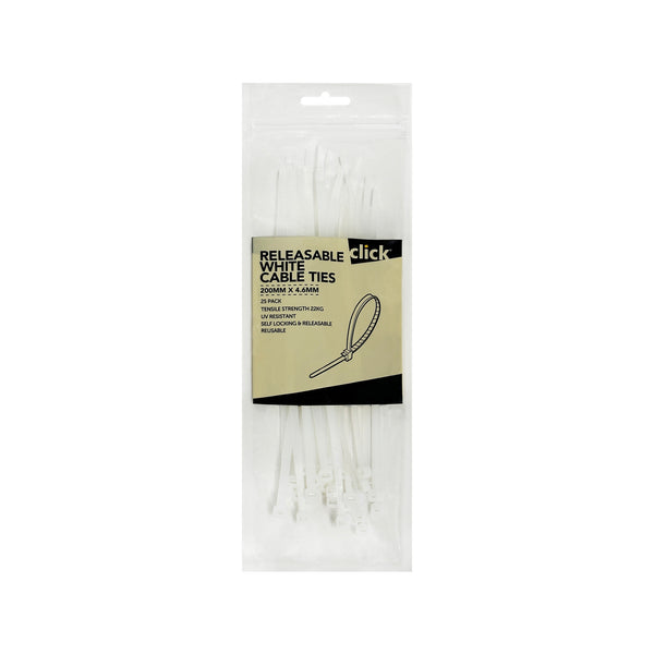 Click 200mm White Releasable Cable Tie - 25 Pack