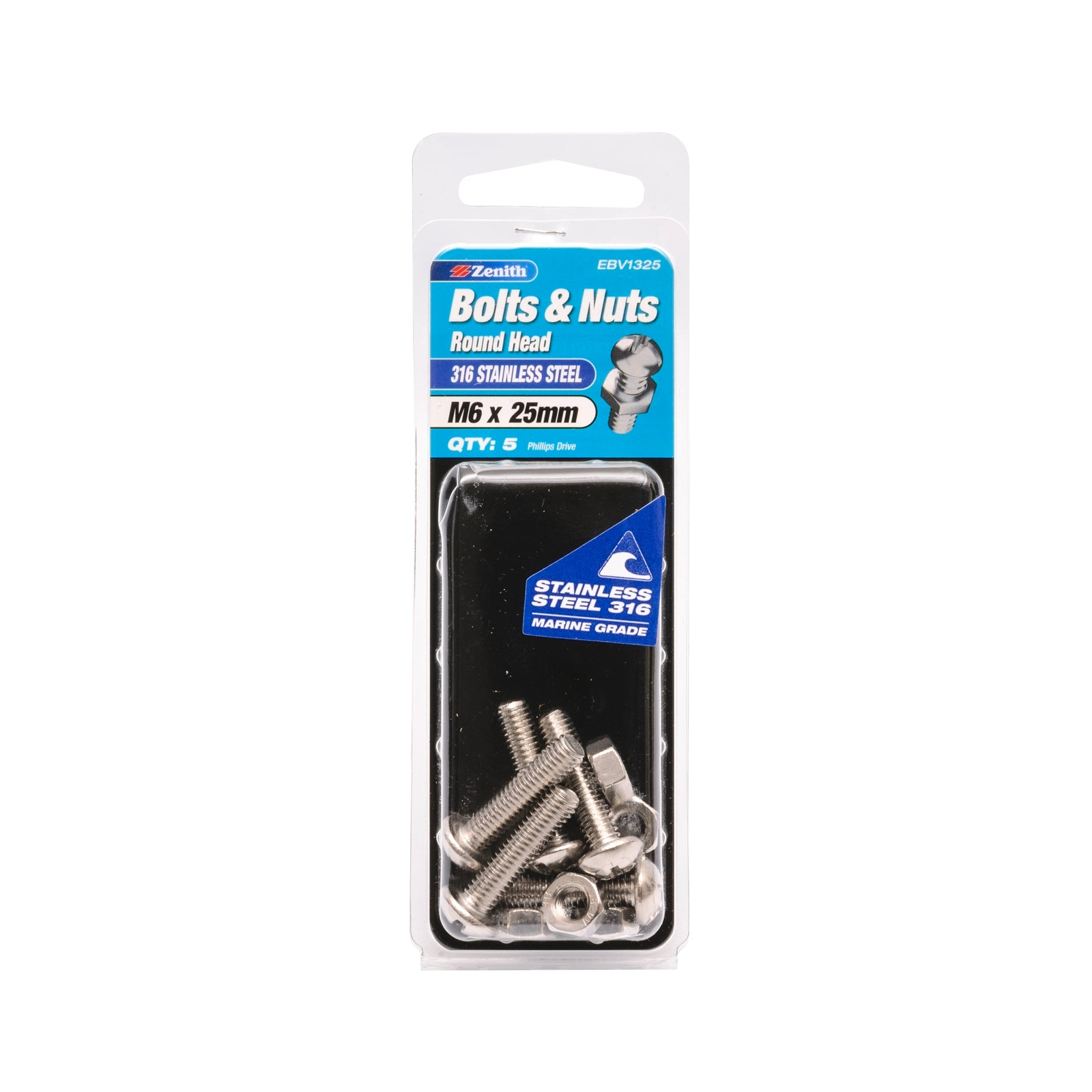 Zenith M6 x 25mm 316 Stainless Steel Round Head Bolt And Nut - 5 Pack - Image 1 of 1
