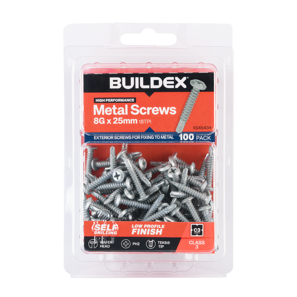 Buildex 8G x 25mm Class 3 Sheet Metal Screws - 100 Pack