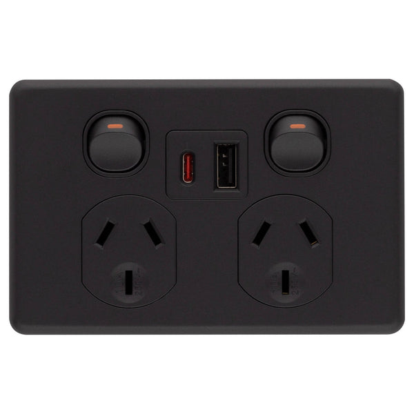 DETA X6 Matte Black Double Power Point with USB A+C PD20W Fast Charging
