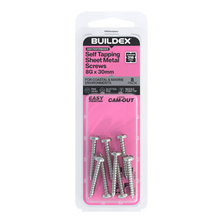 Buildex 8G x 30mm SS316 Self Tapping Sheet Metal Screws - 8 Pack