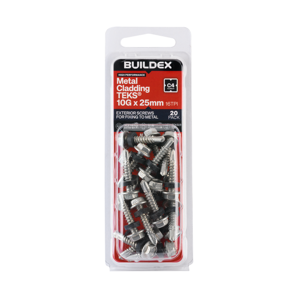 Buildex 10G x 25mm Class 4 Metal Cladding TEKS® Screws with Seal - 20 Pack