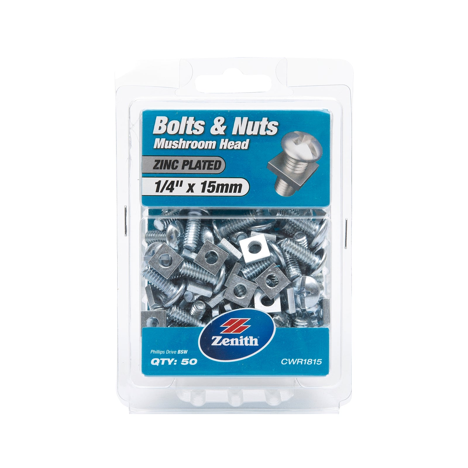 Zenith 1/4" x 15mm Zinc Plated Mushroom Head Bolts And Nuts - 50 Pack - Image 1 of 1