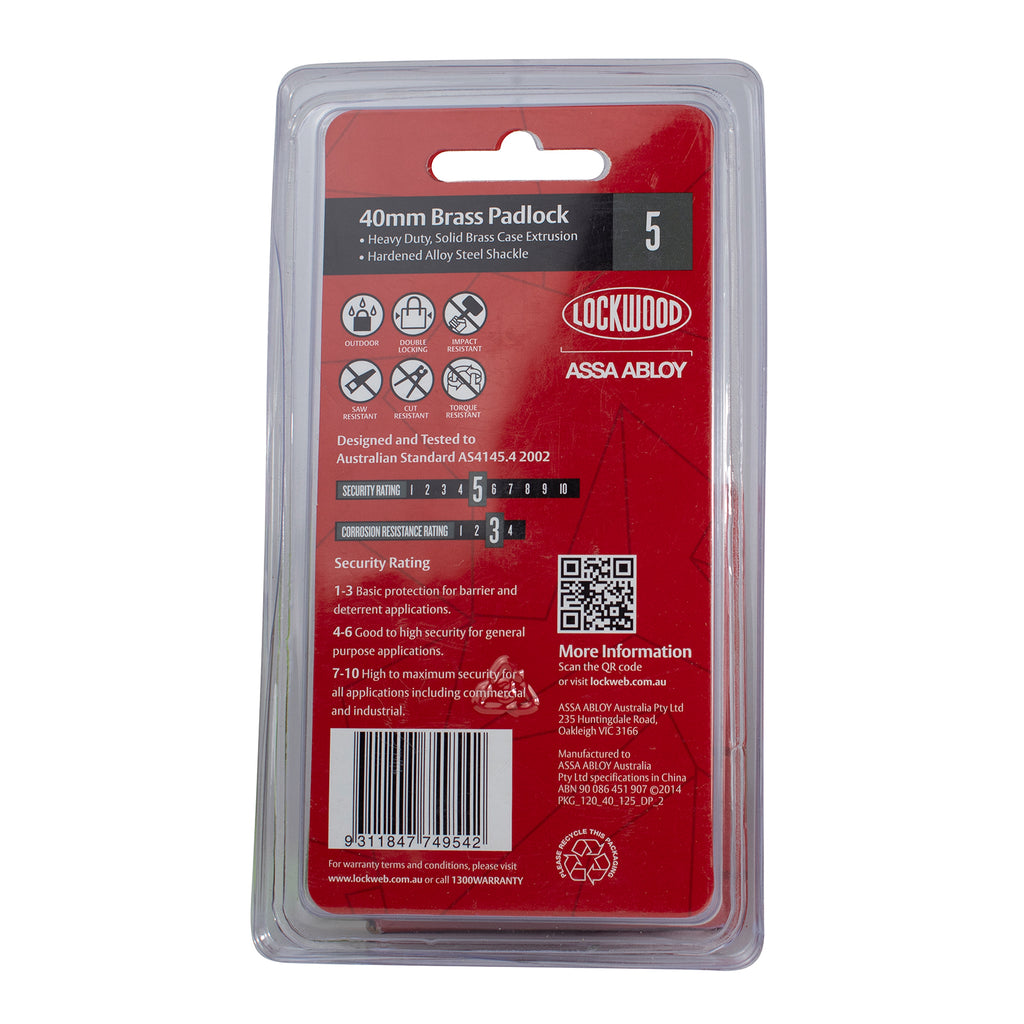 Lockwood 40mm Solid Brass 120 Series Padlock General Purpose - Image 5 of 10