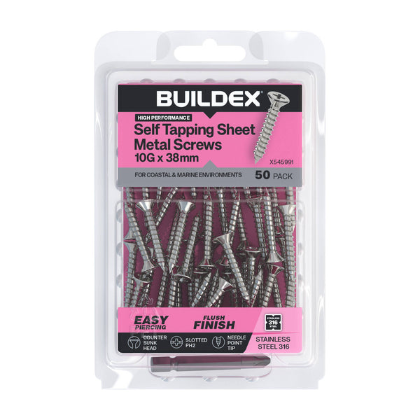 Buildex 10G x 38mm SS316 Self Tapping Sheet Metal Screws (Countersunk Head) - 50 Pack