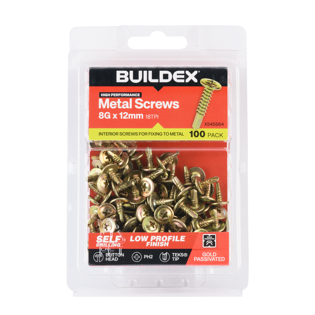 Buildex 8G x 12mm Gold Passivated Sheet Metal Screws - 100 Pack - Image 1 of 9