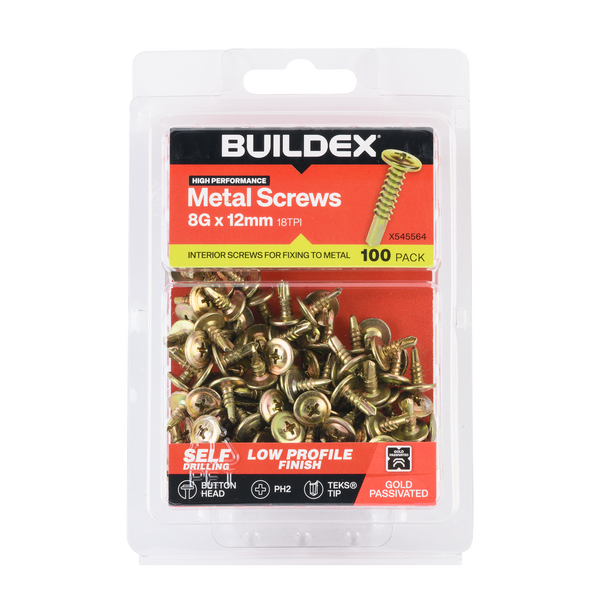 Buildex 8G x 12mm Gold Passivated Sheet Metal Screws - 100 Pack