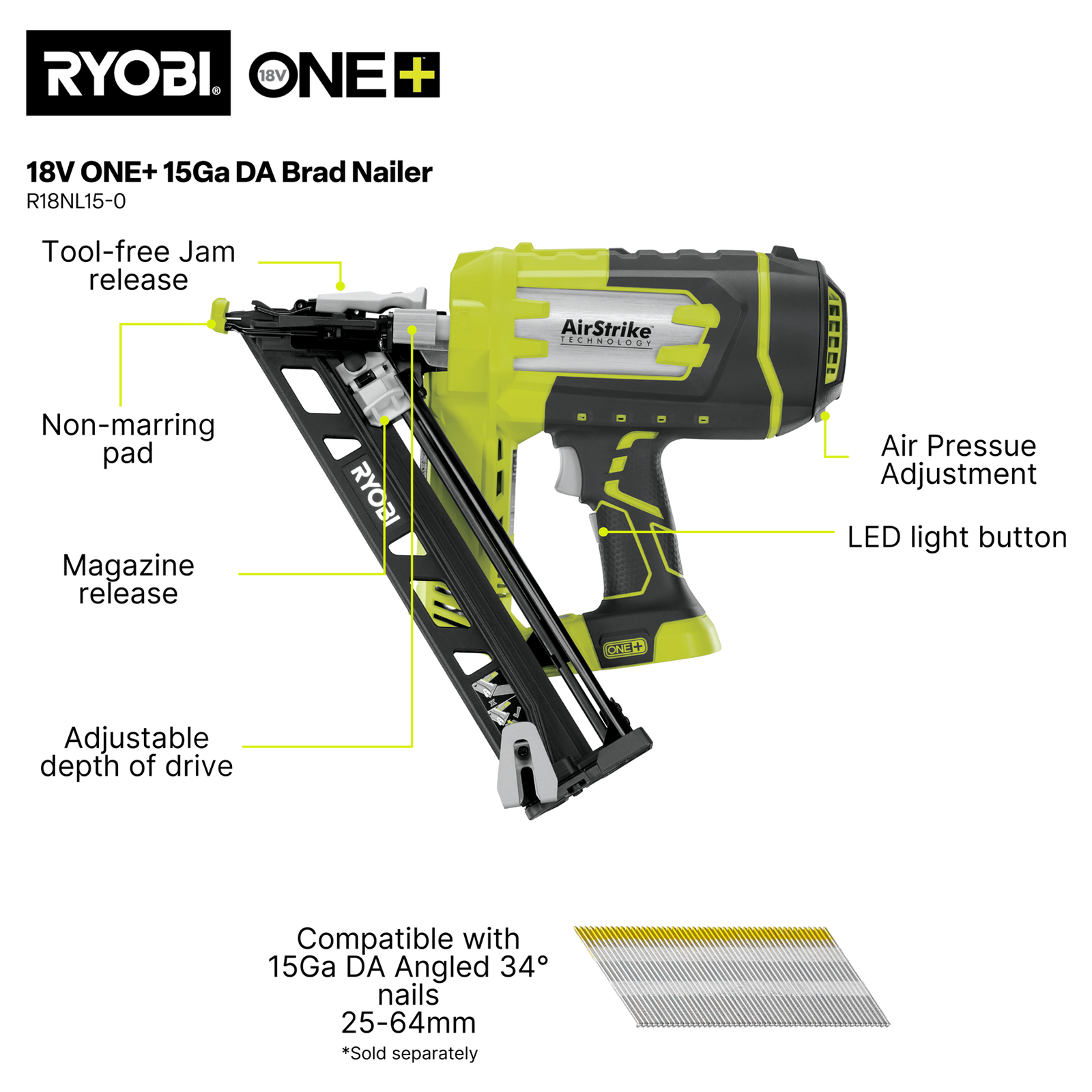 Ryobi 18V ONE+ 15GA DA Brad Nailer - Tool Only - Image 3 of 7
