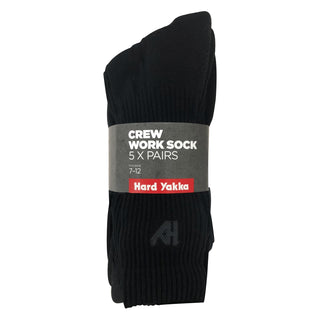 Hard Yakka Black Crew Work Socks - Size 7-12 - 5 Pack