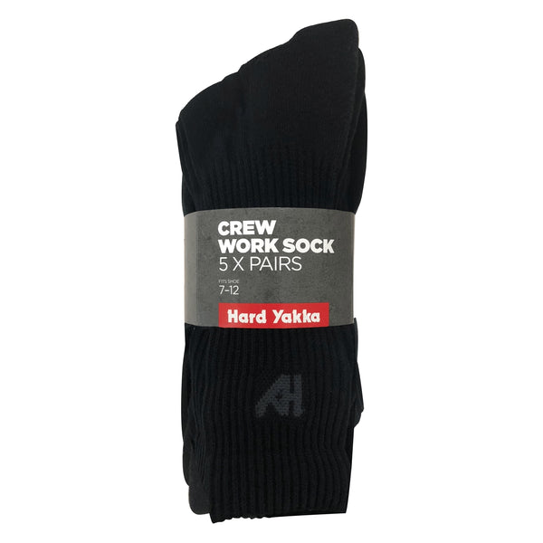 Hard Yakka Black Crew Work Socks - Size 7-12 - 5 Pack